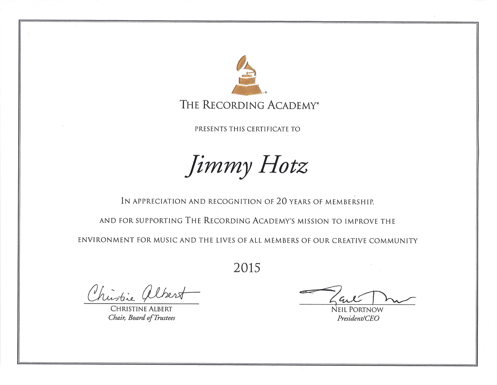 Jimmy Hotz - NARAS GRAMMYS Voting Member - The Recording Academy - Certificate